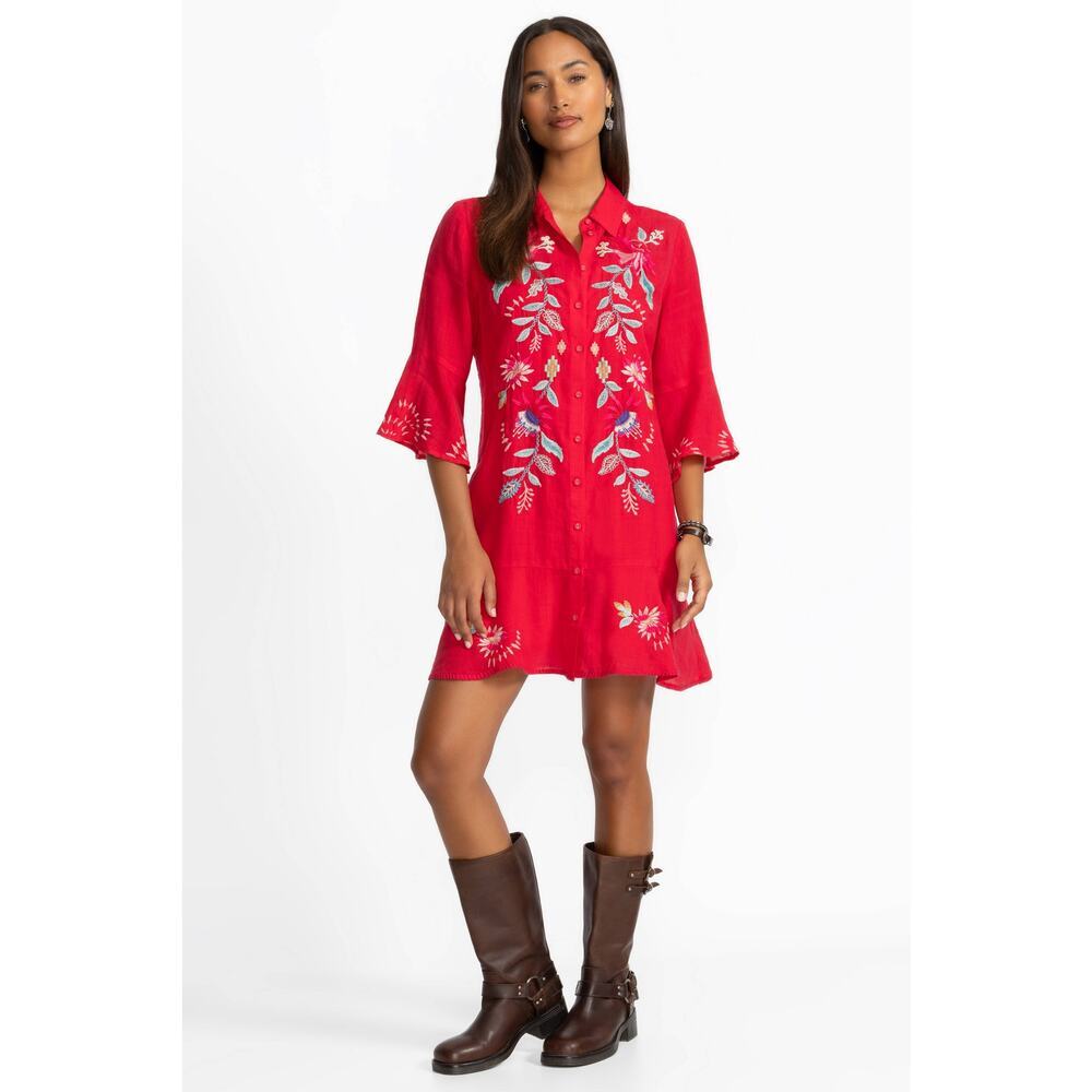 Johnny Was Women's Embroidered Tiered Flounce Dress 3/4 Sleeve Size Large NWT